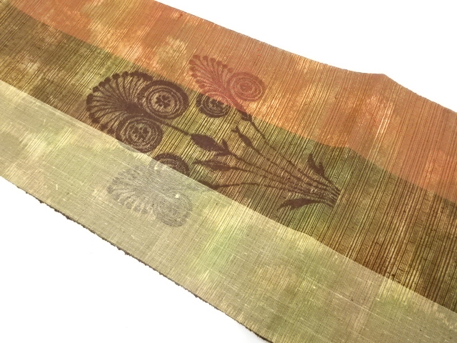 アンティーク　手織り紬　花模様織り出し名古屋帯